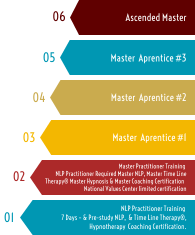 Infographic pyramid of the training levels - bottom to top - NLP Practitioner, Master Practitioner, Master Apprentice 1 then 2 then 3, and Ascended Master.